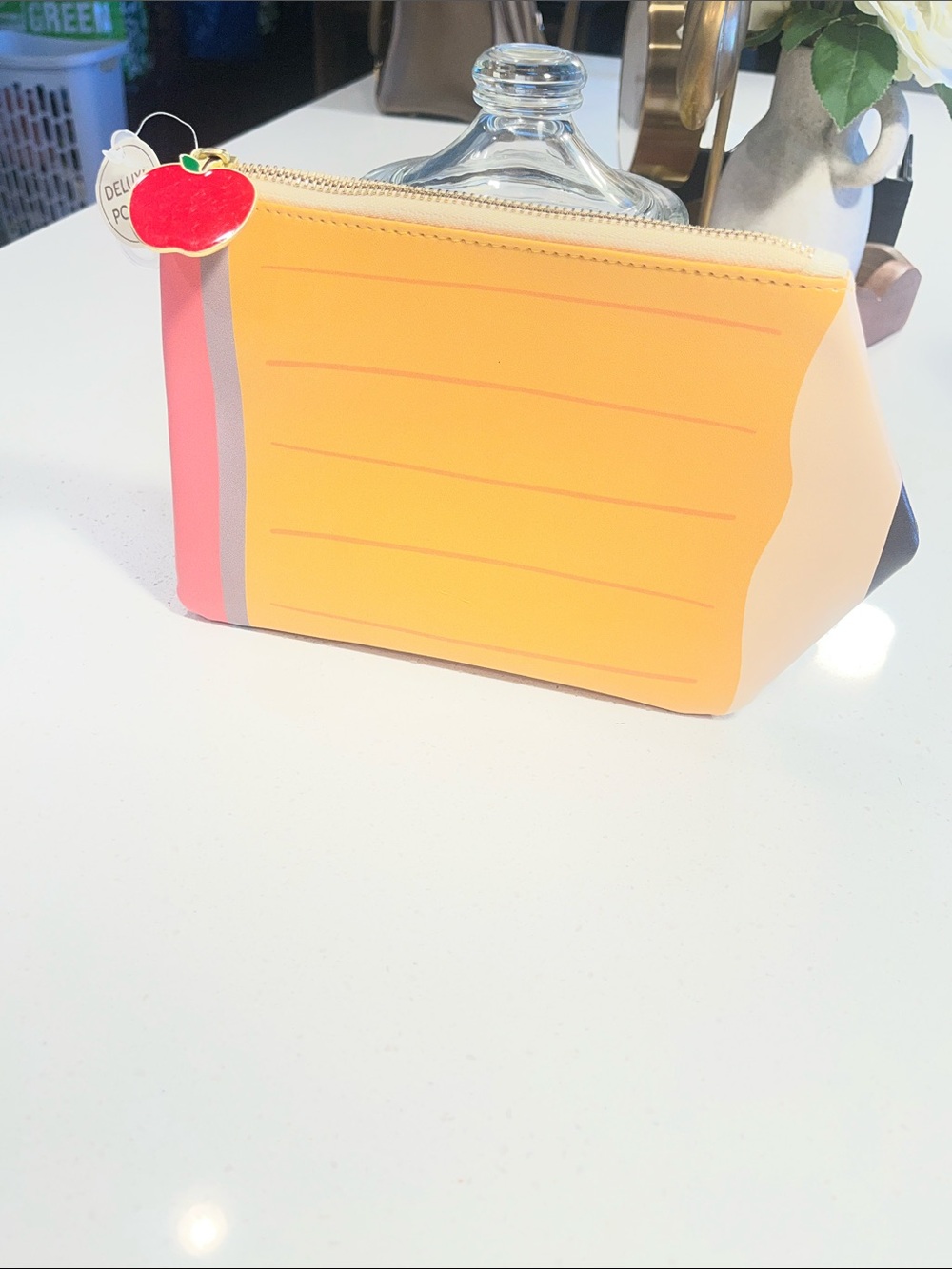 Orange/Pink Pencil Inspired Zip Pencil Case with Apple Charm